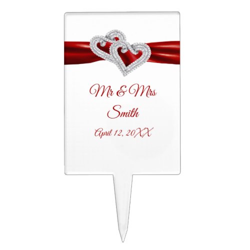 Diamond Hearts Red Ribbon Wedding Cake Topper