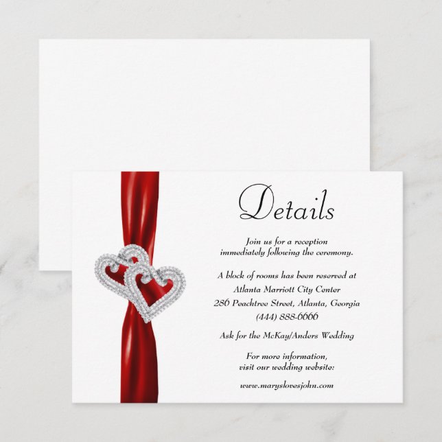 Diamond Hearts Red Ribbon Wedding Details Enclosure Card (Front/Back)