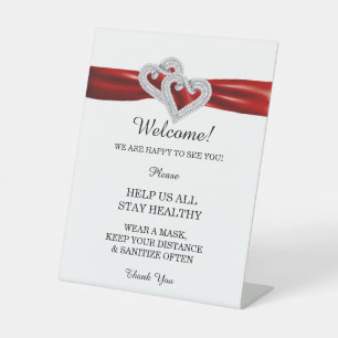 Diamond Hearts Red Ribbon Wedding Safety Pedestal Sign
