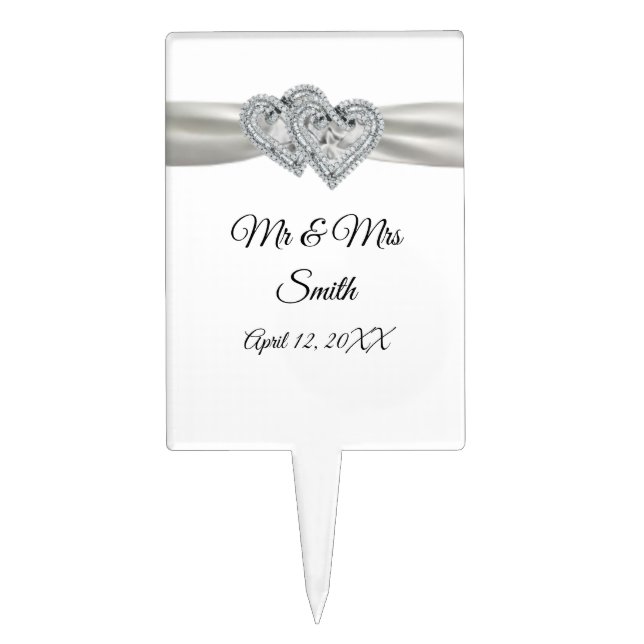 Diamond Hearts White Ribbon Wedding Cake Topper (Front)