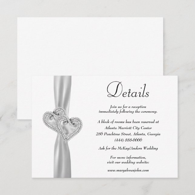 Diamond Hearts White Ribbon Wedding Details Enclosure Card (Front/Back)