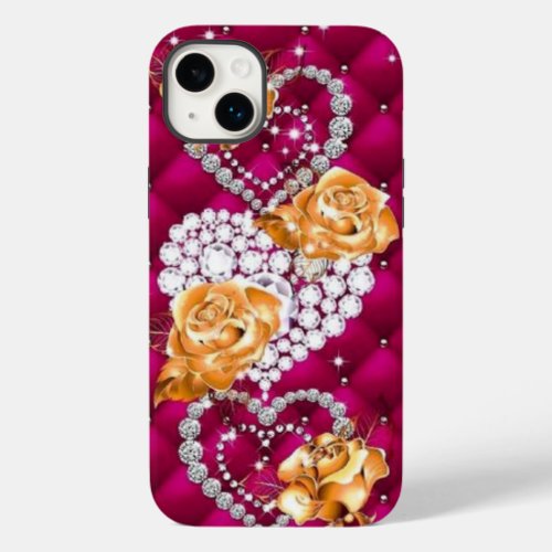 Diamond hearts with elegant golden rose flowers Case_Mate iPhone 14 plus case