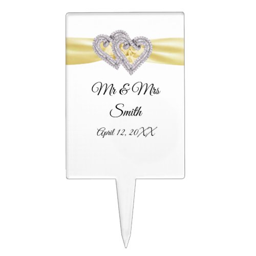 Diamond Hearts Yellow Ribbon Wedding Cake Topper