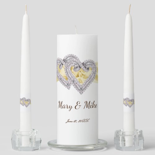Diamond Hearts Yellow Ribbon Wedding Unity Candle Set