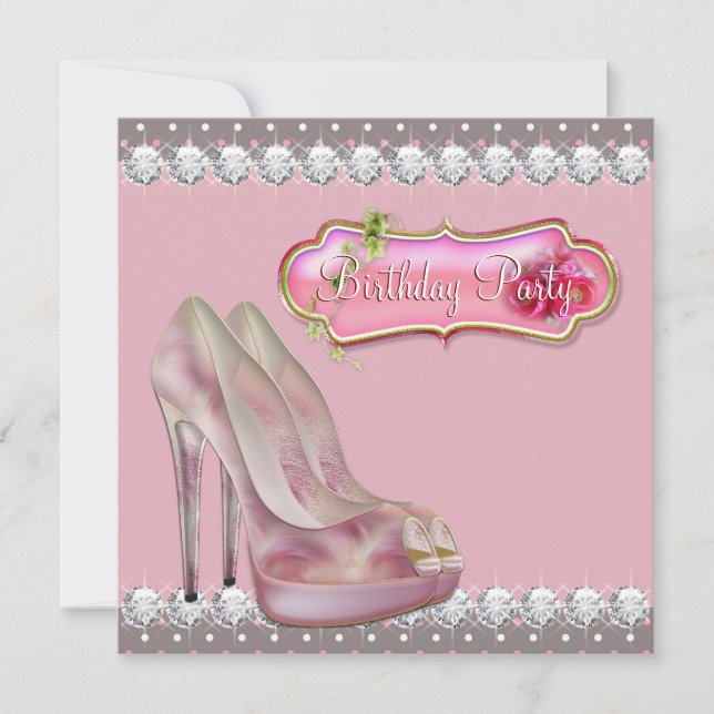 Diamond High Heel Shoe Pink & Brown Birthday Party Invitation (Front)