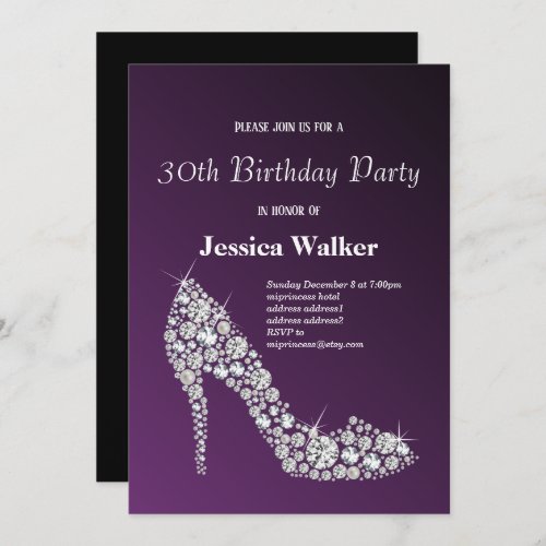 diamond high heels purple elegant birthday party invitation