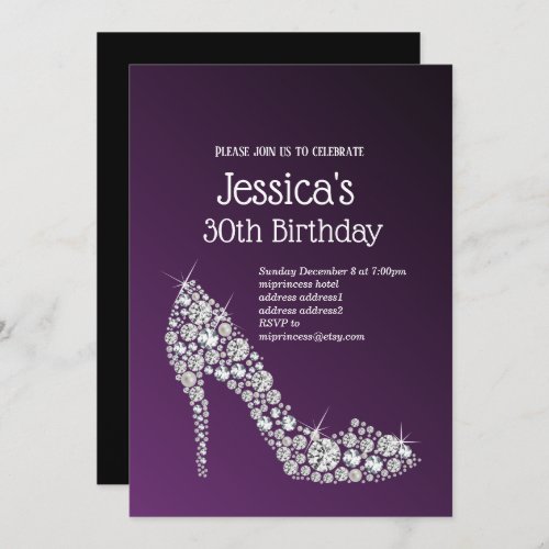 diamond high heels purple elegant birthday party invitation