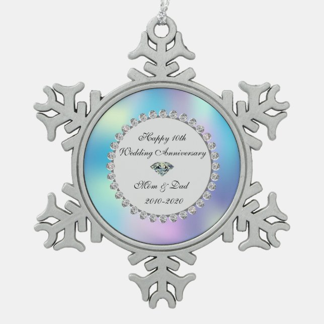 Diamond Holographic 10th Wedding Anniversary Snowflake Pewter Christmas Ornament (Front)