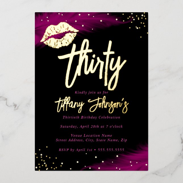 Diamond Hot Pink Gold Kiss 30th Birthday  Foil Invitation (Front)