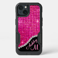 Diamond Hot Pink Rhinestone Monogram Look iPhone 13 Case