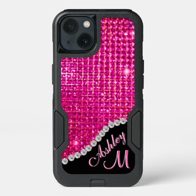 Diamond Hot Pink Rhinestone Monogram Look Otterbox iPhone Case (Back)