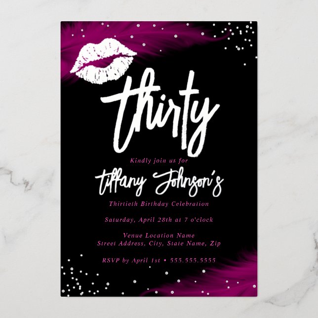 Diamond Hot Pink Silver Kiss 30th Birthday  Foil Invitation (Front)