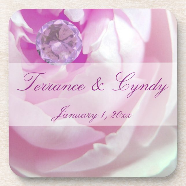Diamond in a Pink Rose Personal Wedding Drink Coaster (Front)