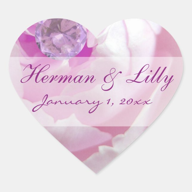 Diamond in a Pink Rose Personalize Wedding Heart Sticker (Front)