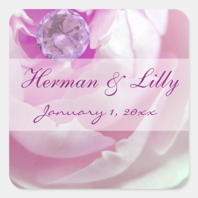 Diamond in a Pink Rose Personalized Wedding Square Sticker (Front)