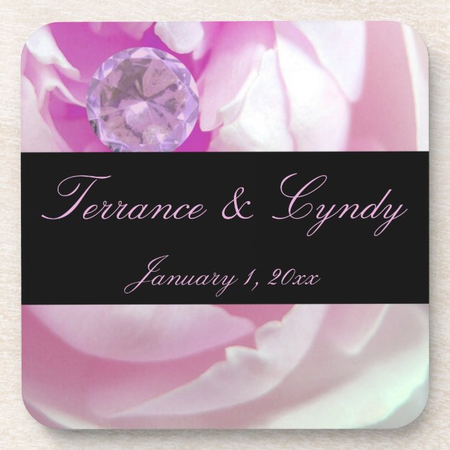 Diamond in Pink Rose Personal Wedding Drink Coaster (Front)