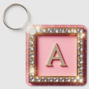 Diamond Initial A Gold Frame Pink Glitter Monogram Keychain