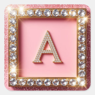 Diamond Initial A Gold Frame Pink Glitter Monogram Square Sticker