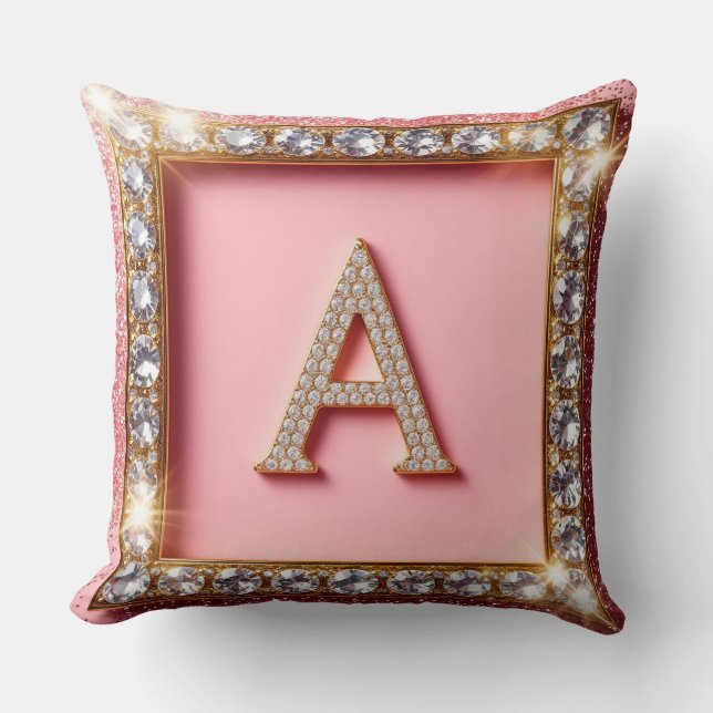 Diamond Initial A Pink Glitter Monogram Throw Pillow (Front)