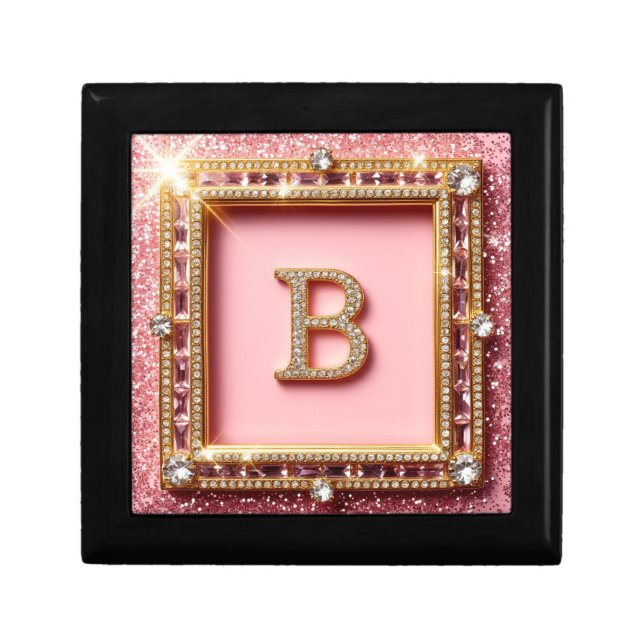 Diamond Initial B Pink Glitter Gold Frame Monogram Gift Box (Front)