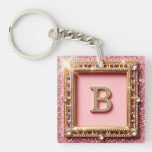 Diamond Initial B Pink Glitter Gold Frame Monogram Keychain