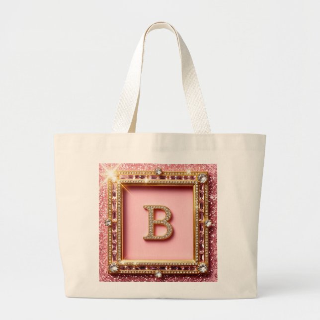 Diamond Initial B Pink Glitter Gold Frame Monogram Large Tote Bag (Front)