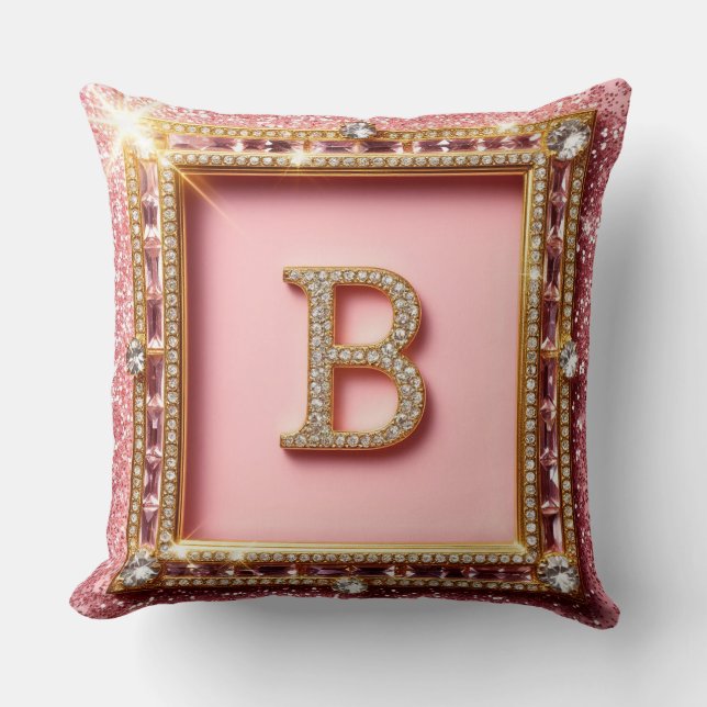 Diamond Initial B Pink Glitter Gold Frame Monogram Throw Pillow (Front)