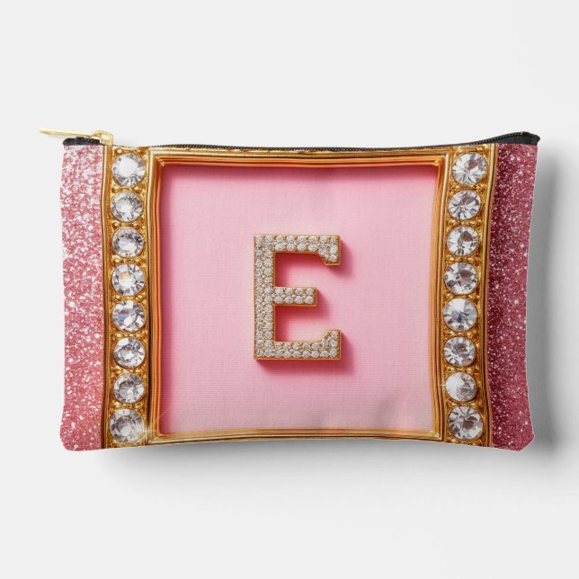 Diamond Initial E Gold Frame Pink Glitter Monogram Accessory Pouch (Front)