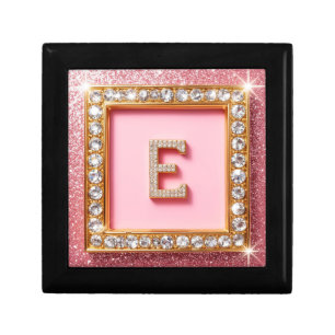 Diamond Initial E Gold Frame Pink Glitter Monogram Gift Box