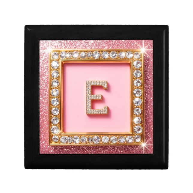 Diamond Initial E Gold Frame Pink Glitter Monogram Gift Box (Front)
