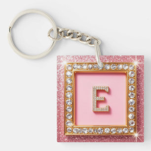 Diamond Initial E Gold Frame Pink Glitter Monogram Keychain