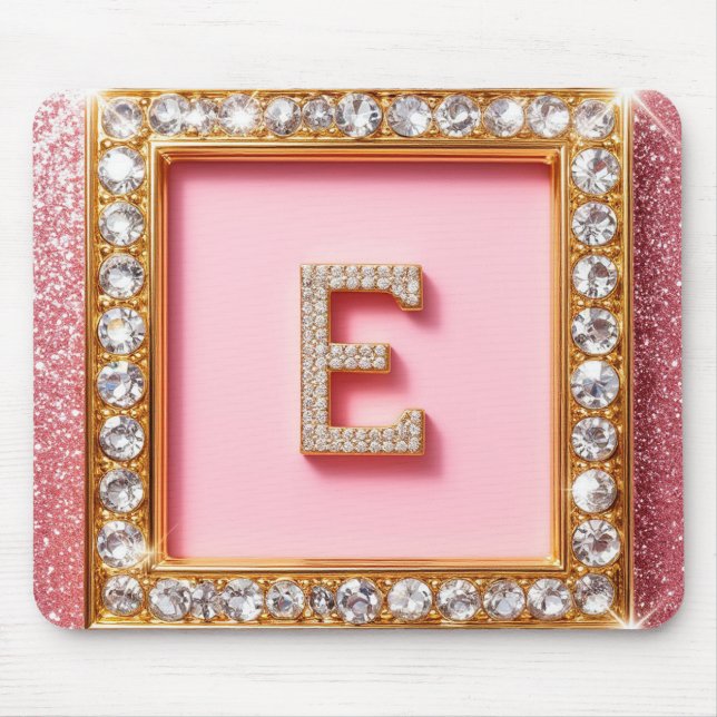 Diamond Initial E Gold Frame Pink Glitter Monogram Mouse Pad (Front)