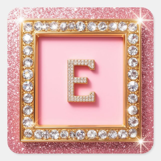 Diamond Initial E Gold Frame Pink Glitter Monogram Square Sticker (Front)