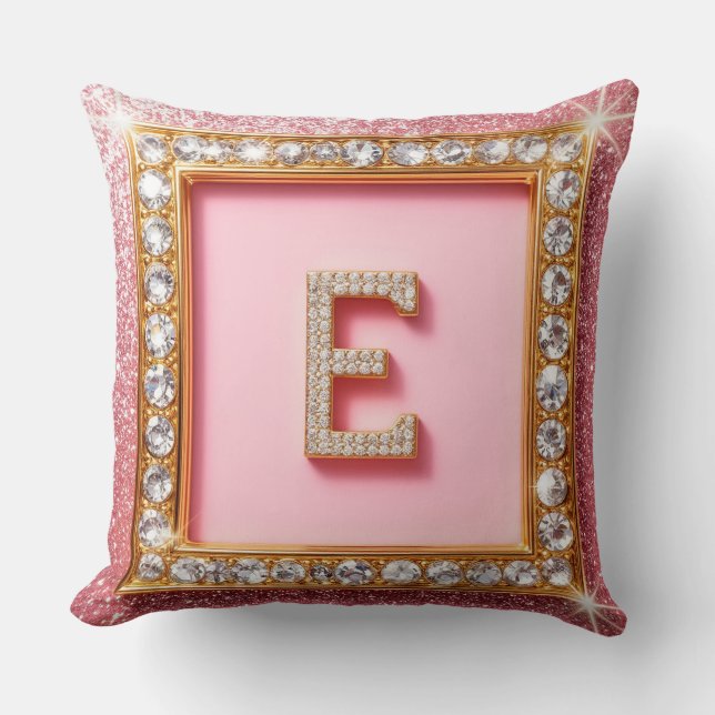 Diamond Initial E Gold Frame Pink Glitter Monogram Throw Pillow (Front)