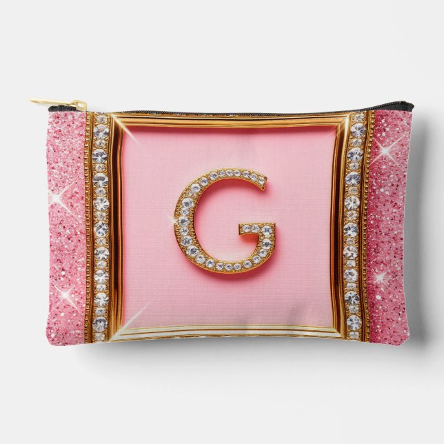 Diamond Initial G Gold Frame Pink Glitter Monogram Accessory Pouch (Front)