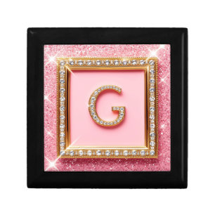 Diamond Initial G Gold Frame Pink Glitter Monogram Gift Box
