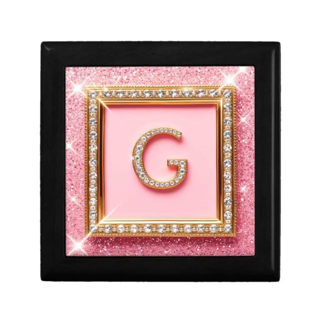Diamond Initial G Gold Frame Pink Glitter Monogram Gift Box (Front)