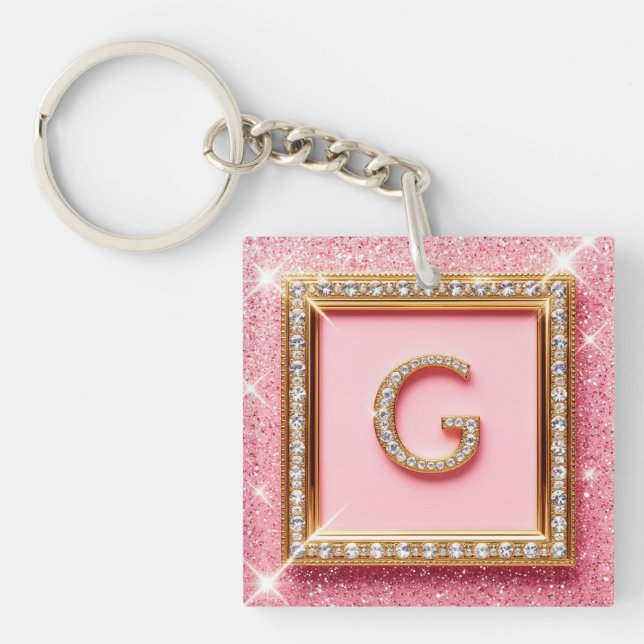 Diamond Initial G Gold Frame Pink Glitter Monogram Keychain (Front)