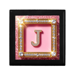 Diamond Initial J Pink Glitter Gold Frame Monogram Gift Box