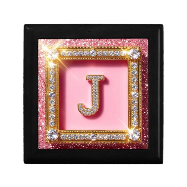 Diamond Initial J Pink Glitter Gold Frame Monogram Gift Box (Front)