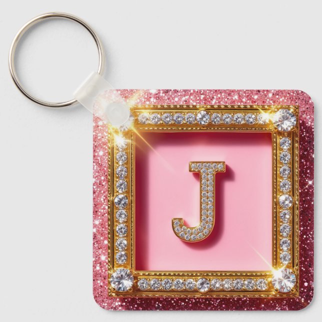 Diamond Initial J Pink Glitter Gold Frame Monogram Keychain (Front)