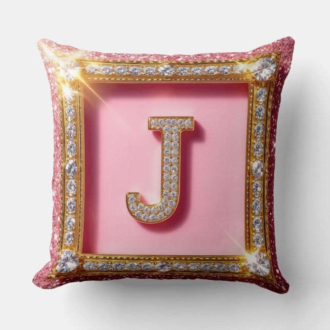 Diamond Initial J Pink Glitter Gold Frame Monogram Throw Pillow (Front)
