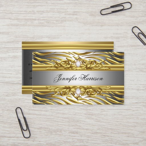 Customizable Diamond Jewel Zebra Gold On Gold Silver Elegant Business Card Templates