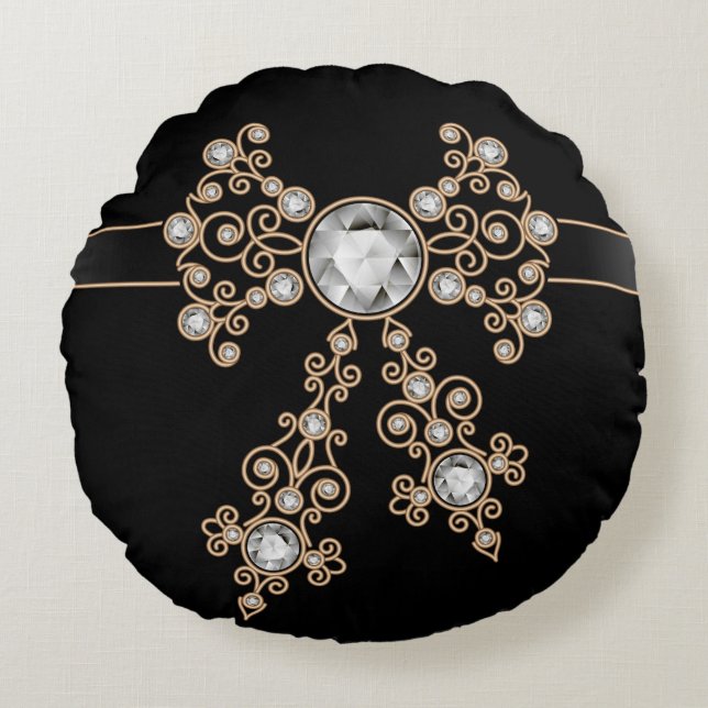 Diamond,jewelry,lace,silver,lace,black,pearls,chic Round Pillow (Front)