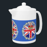Diamond jubilee Teapot<br><div class="desc">A Teapot with a round design of a Crown with diamonds and sparkle effect and text " Elizabeth II Diamond Jubilee 1952-2012 framed with an image of a ring of Diamonds and sparkle effect around it ..on a background of a Union Jack and deep royal blue.</div>