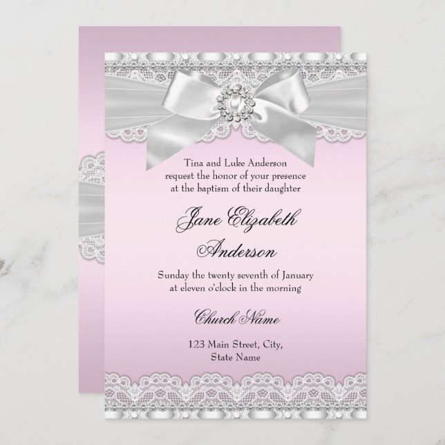 Diamond Lace Bow Pink Baptism Invite (Front/Back)