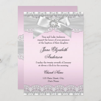 Diamond Lace Bow Pink Baptism Invite