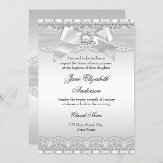 Diamond Lace & Bow Silver Baptism Invite