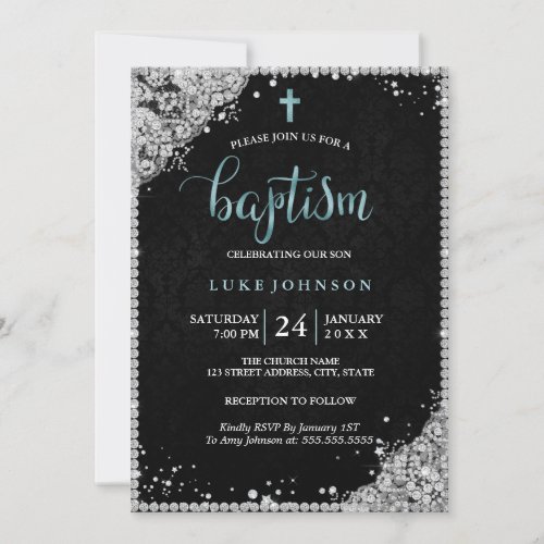 Diamond Lace Cross Blue Baptism Invitation