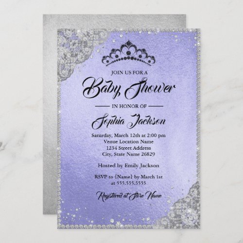 Diamond Lace Purple Silver Girl Baby Shower Invitation